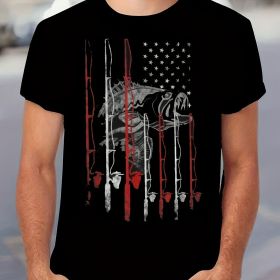 Retro Style Fishing Rod And Innovative American Flag Pattern Round Neck And Short Sleeved T-shirt (Color: Black, size: M)